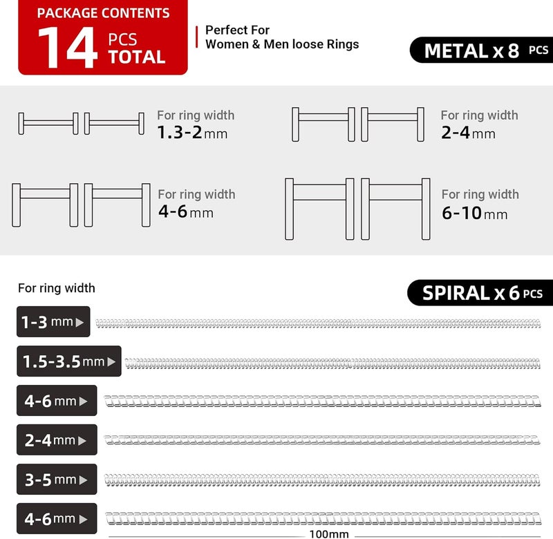 Omilly Metal Ring Guard for Loose Rings, 14-Pack with 10 Sizes & 2 Styles, Adjustable Invisible Ring Size Adjuster for 1-10mm Wide Bands, Secure and Easy to Use, Suitable for Women and Men - Image 3